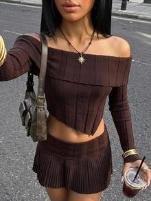 SHEIN ICON 女式纯色露肩长袖不对称下摆短款毛衣和褶皱针织迷你裙两件套秋季女装 - 棕色 - 查看 1
