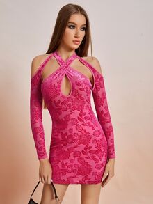 SHEIN ICON Floral Print Cut Out Cold Shoulder Bodycon Dress - Multicolor - View 3