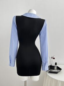 Elamini Women's Sweet Elegant Preppy Style Striped Patchwork Slim Fit Flattering Dress - Multicolor - View 2