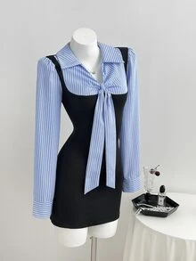 Elamini Women's Sweet Elegant Preppy Style Striped Patchwork Slim Fit Flattering Dress - Multicolor - View 3