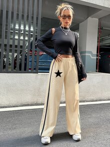 SHEIN ICON 低腰星星印花側拼接織帶降落傘褲 - 米色 - 查看 6