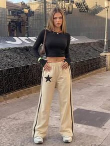 SHEIN ICON 低腰星星印花側拼接織帶降落傘褲 - 米色 - 查看 1