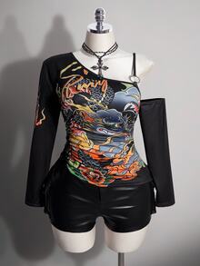 SHEIN ICON Women's Plus Size Retro 90s Baggy Sexy Y2K Casual Street Fashion Chinese Style Dragon Pattern Cold Shoulder Black T-Shirt Autumn Halloween Club - Black - View 3