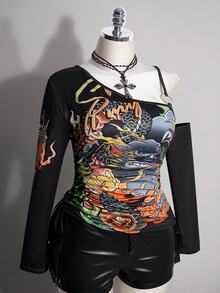SHEIN ICON Women's Plus Size Retro 90s Baggy Sexy Y2K Casual Street Fashion Chinese Style Dragon Pattern Cold Shoulder Black T-Shirt Autumn Halloween Club - Black - View 5