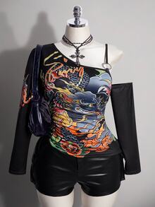SHEIN ICON Women's Plus Size Retro 90s Baggy Sexy Y2K Casual Street Fashion Chinese Style Dragon Pattern Cold Shoulder Black T-Shirt Autumn Halloween Club - Black - View 4