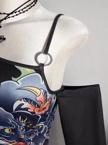 SHEIN ICON Women's Plus Size Retro 90s Baggy Sexy Y2K Casual Street Fashion Chinese Style Dragon Pattern Cold Shoulder Black T-Shirt Autumn Halloween Club - Black - View 9