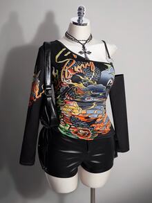 SHEIN ICON Women's Plus Size Retro 90s Baggy Sexy Y2K Casual Street Fashion Chinese Style Dragon Pattern Cold Shoulder Black T-Shirt Autumn Halloween Club - Black - View 1