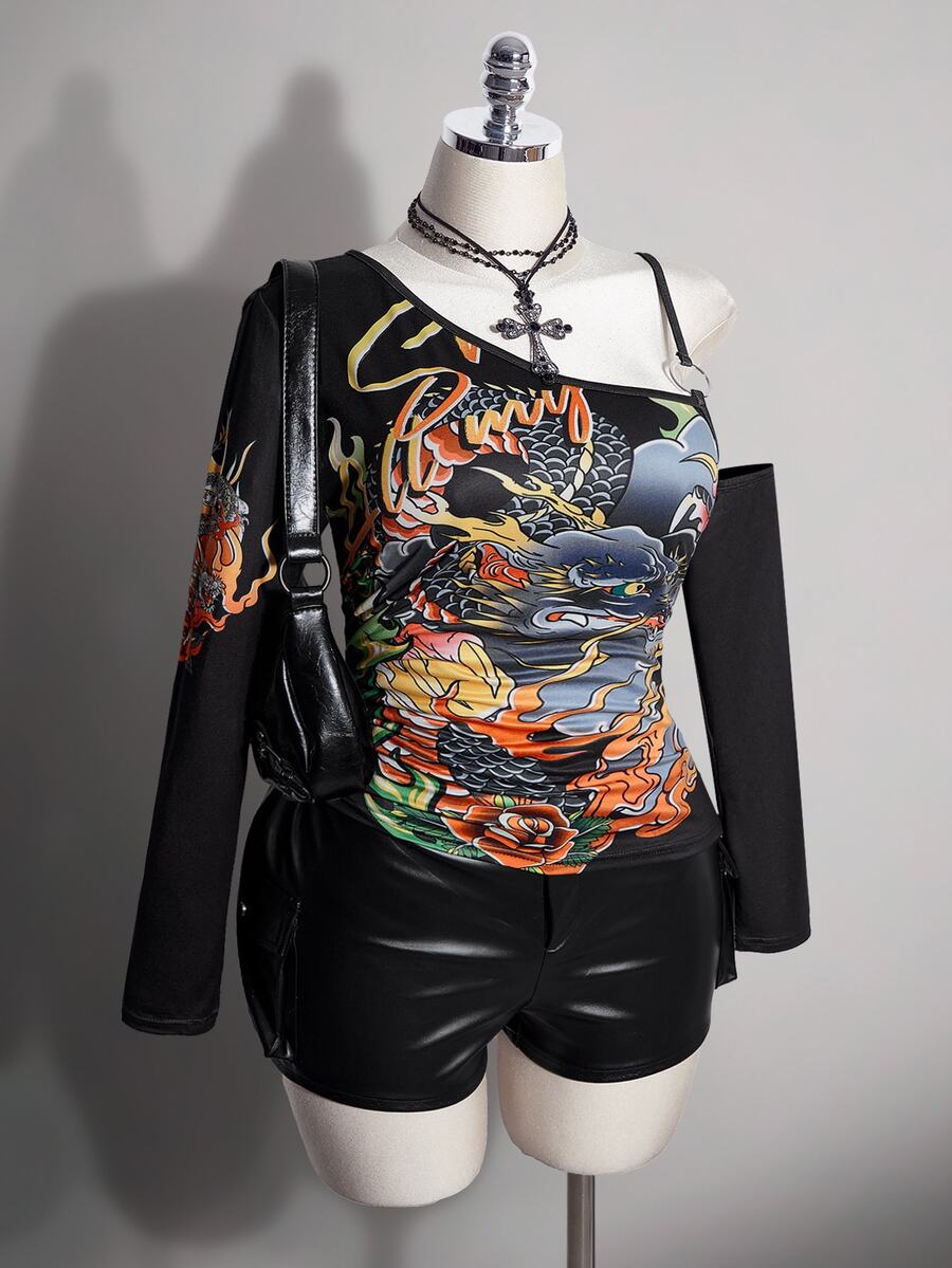 SHEIN ICON Women's Plus Size Retro 90s Baggy Sexy Y2K Casual Street Fashion Chinese Style Dragon Pattern Cold Shoulder Black T-Shirt Autumn Halloween Club - Black - View 1