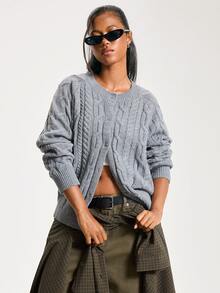 Athîral Soft Cable Knit Textured Round Neck Long Sleeve Regular Gray Casual Fashion Sporty Button Front Cardigan For Streetwear Thanksgiving Fall Winter - Grey - View 4