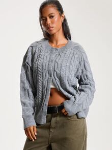 Athîral Soft Cable Knit Textured Round Neck Long Sleeve Regular Gray Casual Fashion Sporty Button Front Cardigan For Streetwear Thanksgiving Fall Winter - Grey - View 1