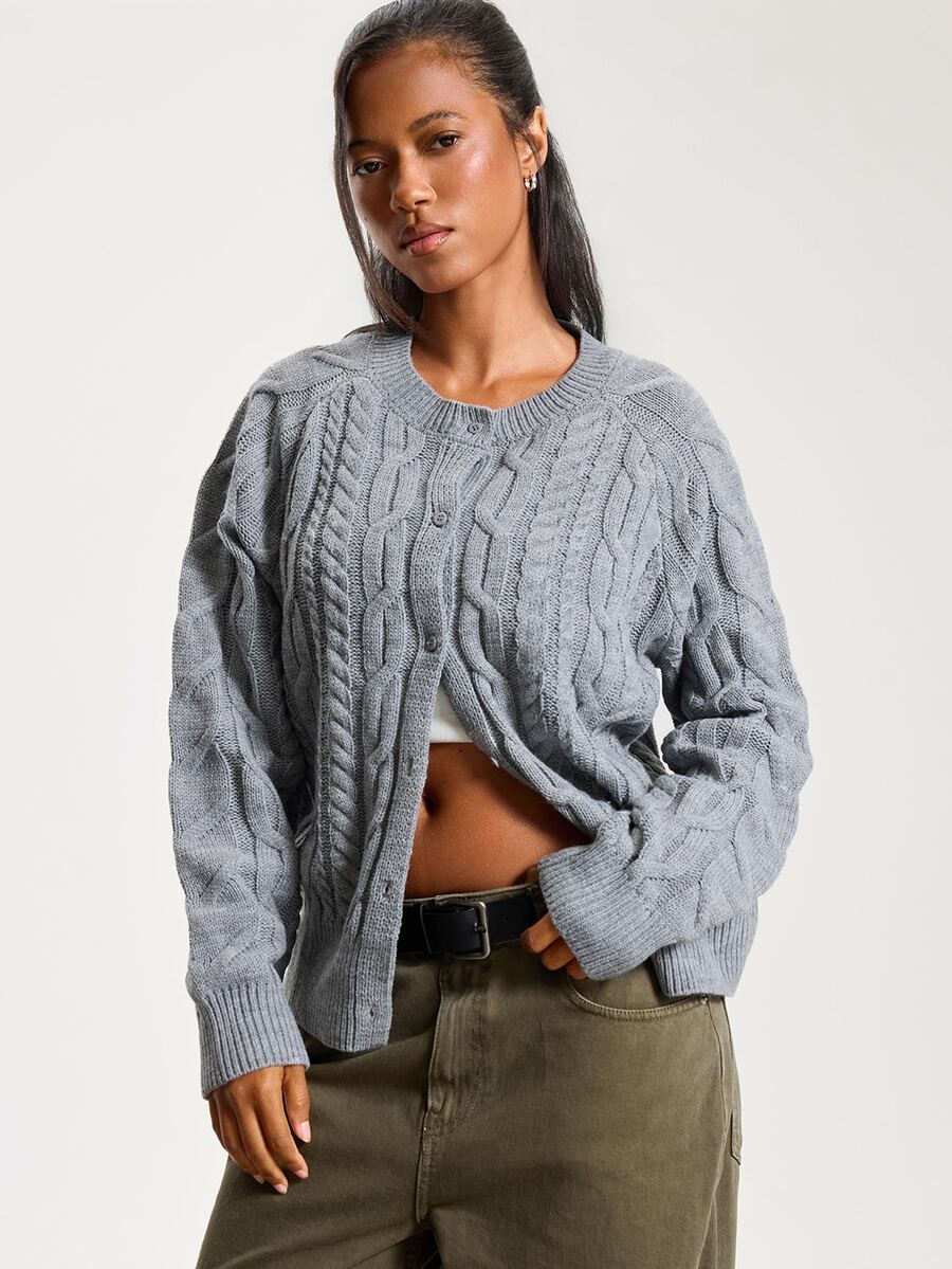 Athîral Soft Cable Knit Textured Round Neck Long Sleeve Regular Gray Casual Fashion Sporty Button Front Cardigan For Streetwear Thanksgiving Fall Winter - Grey - View 1