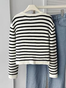 SHEIN Kids Tween Girls Cardigan Sweaters Tween Girl Black And White Striped Metal Buttons Autumn Winter Fashion - Black and White - View 5