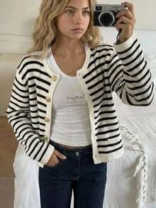 SHEIN Kids Tween Girls Cardigan Sweaters Tween Girl Black And White Striped Metal Buttons Autumn Winter Fashion - Black and White - View 7