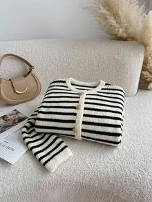 SHEIN Kids Tween Girls Cardigan Sweaters Tween Girl Black And White Striped Metal Buttons Autumn Winter Fashion - Black and White - View 2