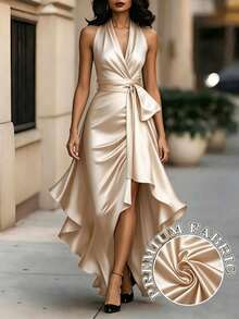SHEIN LUNE Women's Midnight Elegant Satin Backless Sleeveless Ruffle Dress, Suitable For Evening Parties Party, Festivals, And Everyday Wear. Champagne Summer - Apricot - View 1