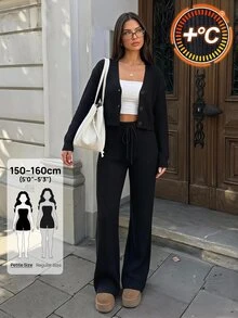 SHEIN PETITE 2件組女款休閒純色寬肩帶開襟衫與抽繩腰寬腿褲套裝，秋季/旅行黑色 - 黑色 - 查看 3