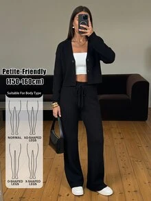 SHEIN PETITE 2件組女款休閒純色寬肩帶開襟衫與抽繩腰寬腿褲套裝，秋季/旅行黑色 - 黑色 - 查看 1