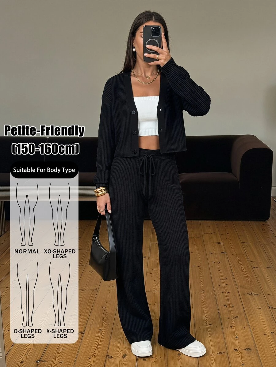 SHEIN PETITE 2件組女款休閒純色寬肩帶開襟衫與抽繩腰寬腿褲套裝,秋季/旅行黑色 - 黑色 - 查看 1