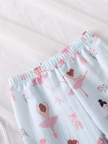 2件組女嬰睡衣套裝，翻領開襟設計，卡通芭蕾女孩，甜美可愛，拼色粉色印花，長袖長褲，梭織休閒居家服 - 彩色 - 查看 6