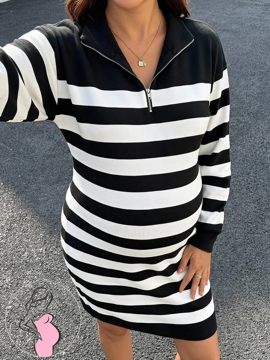 SHEIN Maternity Striped Colorblock Zipper Half-Placket Sweater Dress Winter Fall/Winter Casual - Black and White - View 1