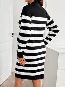 SHEIN Maternity Striped Colorblock Zipper Half-Placket Sweater Dress Winter Fall/Winter Casual - Black and White - View 2