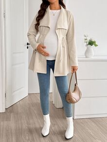 SHEIN جاكيت خريف/شتاء كاجوال متعدد الاستخدامات بلون موحد وخصر مشدود للحوامل - بيج - مشاهدة 3
