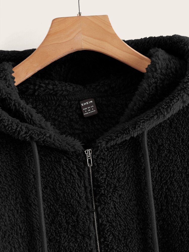 SHEIN LUNE Drop Shoulder Drawstring Hooded Teddy Jacket In Fall/Winter,Casual - Black - View 5