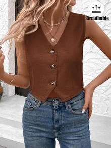 SHEIN LUNE Ladies Summer Fashionable Breathable Minimalist Sleeveless Single-Breasted Blouse - Coffee Brown - View 3