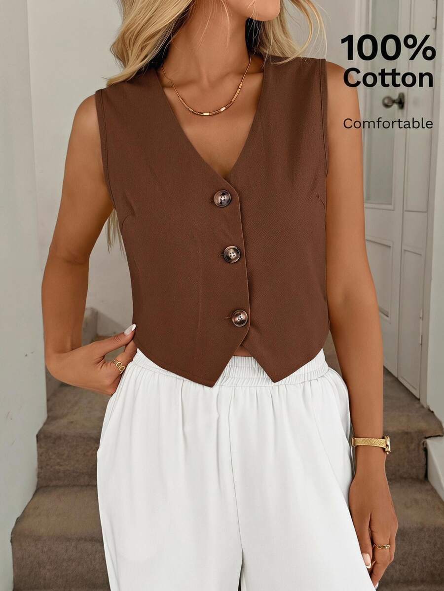 SHEIN LUNE Ladies Summer Fashionable Breathable Minimalist Sleeveless Single-Breasted Blouse - Coffee Brown - View 1
