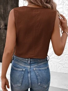 SHEIN LUNE Ladies Summer Fashionable Breathable Minimalist Sleeveless Single-Breasted Blouse - Coffee Brown - View 4