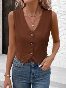SHEIN LUNE Ladies Summer Fashionable Breathable Minimalist Sleeveless Single-Breasted Blouse - Coffee Brown - View 7