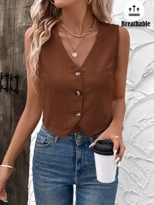 SHEIN LUNE Ladies Summer Fashionable Breathable Minimalist Sleeveless Single-Breasted Blouse - Coffee Brown - View 6