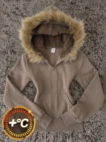 SHEIN Kids Tween Girls Autumn/Winter Striped Tween Girl Collar Hooded Sweatshirt - Coffee Brown - View 2