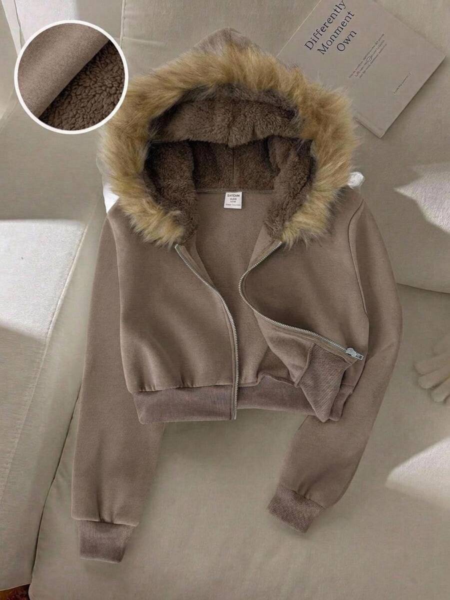 SHEIN Kids Tween Girls Autumn/Winter Striped Tween Girl Collar Hooded Sweatshirt - Coffee Brown - View 1