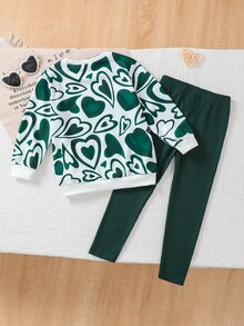 Girls' Green Sets Cute Casual Preppy Style Heart Print Long Sleeve Top And Pink Pants 2 Pieces Set Y2K, New Fall Styles, Back To School - Dark Green - View 2