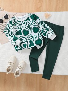 Girls' Green Sets Cute Casual Preppy Style Heart Print Long Sleeve Top And Pink Pants 2 Pieces Set Y2K, New Fall Styles, Back To School - Dark Green - View 3