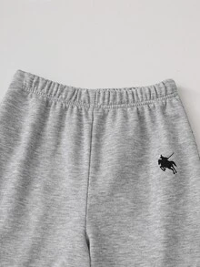 SHEIN 女童淺灰色休閒運動風 80年代 Polo 領半拉鍊運動衫與慢跑褲套裝 小馬印花學院風運動套裝 適合學校秋季學生穿著 - 灰色 - 查看 8
