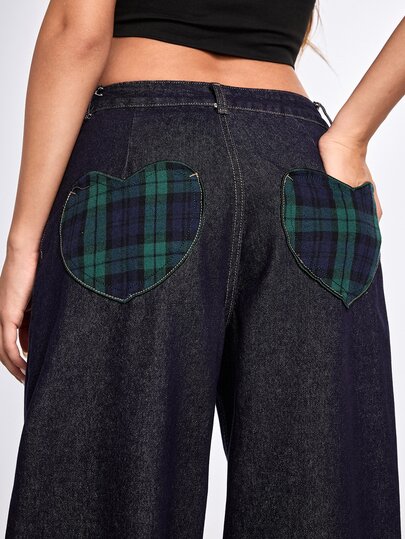 Street Life Street Retro Back To School Season Colorblock Plaid Patchwork Super Loose Cocoon Low Waist Wide Leg Denim Jeans