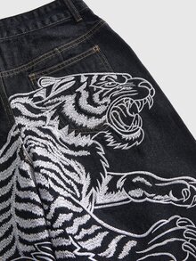 ROMWE Grunge Punk Jeans de mezclilla de pierna ancha y cintura baja, estilo streetwear grunge, nuevo estilo chino, con bordado de tigre y dragón, estampado de leopardo en blanco y negro para conciertos - Negro - Ver 10