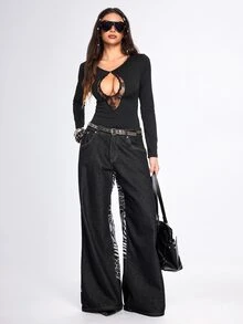 ROMWE Grunge Punk Jeans de mezclilla de pierna ancha y cintura baja, estilo streetwear grunge, nuevo estilo chino, con bordado de tigre y dragón, estampado de leopardo en blanco y negro para conciertos - Negro - Ver 7