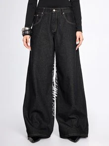 ROMWE Grunge Punk Jeans de mezclilla de pierna ancha y cintura baja, estilo streetwear grunge, nuevo estilo chino, con bordado de tigre y dragón, estampado de leopardo en blanco y negro para conciertos - Negro - Ver 4