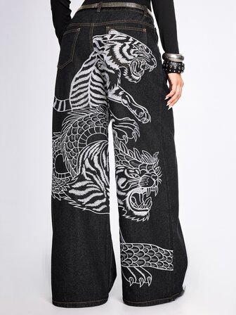 Grunge Punk Streetwear New Chinese Style Tiger & Dragon Embroidery Low Waist Loose Wide Leg Denim Jeans