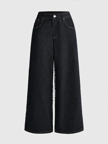 ROMWE Grunge Punk Jeans de mezclilla de pierna ancha y cintura baja, estilo streetwear grunge, nuevo estilo chino, con bordado de tigre y dragón, estampado de leopardo en blanco y negro para conciertos - Negro - Ver 8