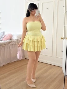 CovetEZ 女士加大码休闲荷叶边修身夏季连衣裙 - 黃色 - 查看 4