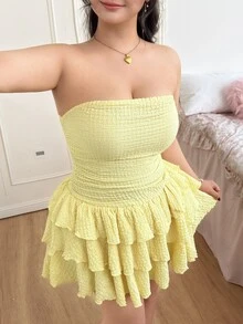 CovetEZ 女士加大码休闲荷叶边修身夏季连衣裙 - 黃色 - 查看 5
