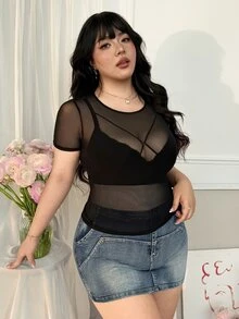 CovetEZ Plus Size Black Sheer Mesh Fabric Round Neck Short Sleeve Top Party Cocktail Summer Sexy - Black - View 4