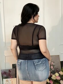 CovetEZ Plus Size Black Sheer Mesh Fabric Round Neck Short Sleeve Top Party Cocktail Summer Sexy - Black - View 2