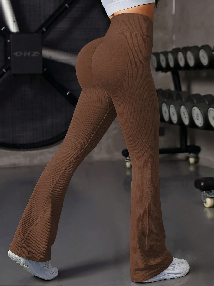 Solea Cove Solea Cove Women's Solid Color Ribbed Flare Leg Seamless Sports Pants - Coffee Brown - View 1