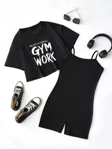 Solea Cove Solea Cove Slogan Graphic Cami Romper Workout Set - Black - View 1