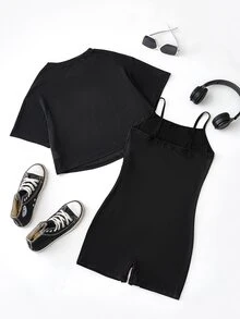 Solea Cove Solea Cove Slogan Graphic Cami Romper Workout Set - Black - View 2